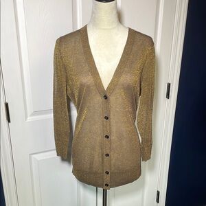 Loft Brown Gold Metallic Sheer Long Sleeve V Neck Cardigan Medium